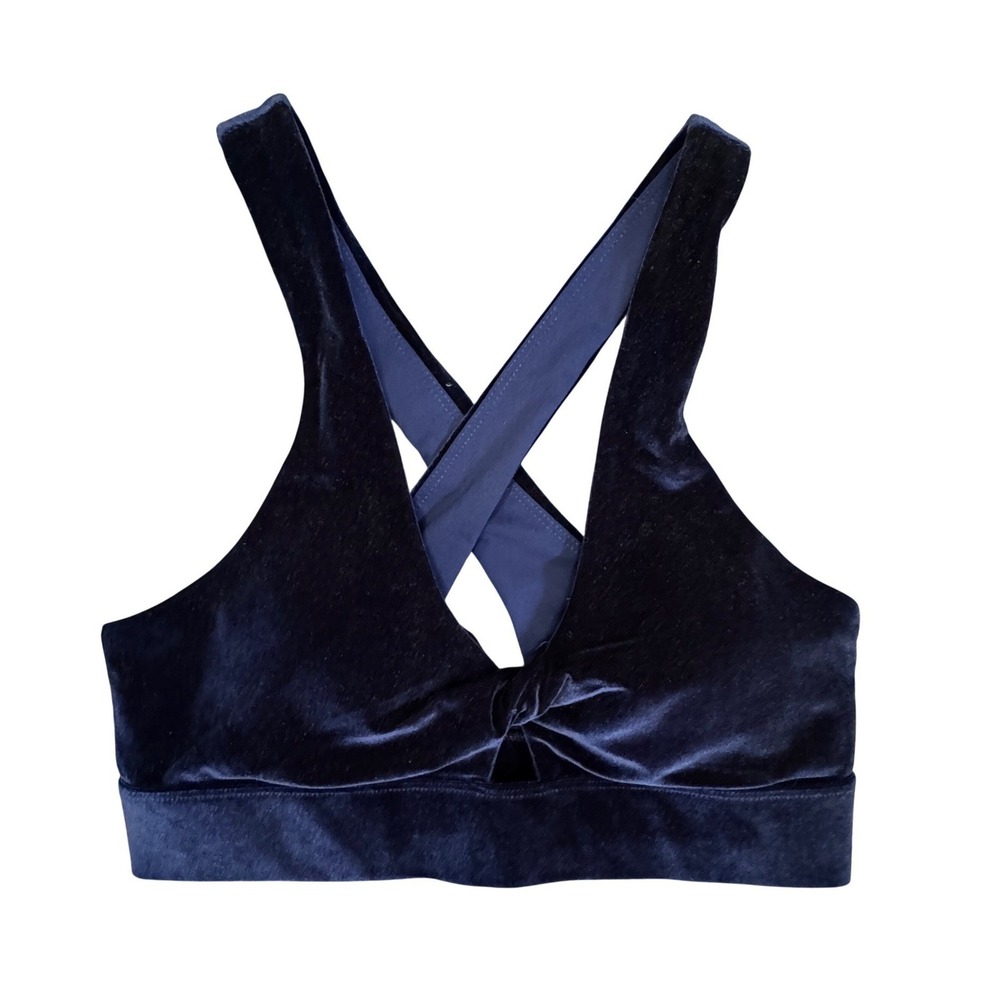 Fabletics Navy Blue Velvet Twist Front Cross Back‎ Sports Bra Yoga Activewear